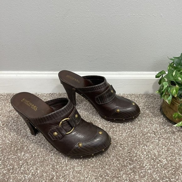 Michael Kors Platform Clogs Size 9 M Brown Leather Mule Wooden Studs - Picture 4 of 8